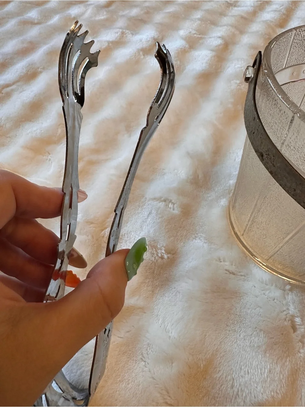 Vintage Textured Glass Ice Bucket with Metal Handle & Tongs